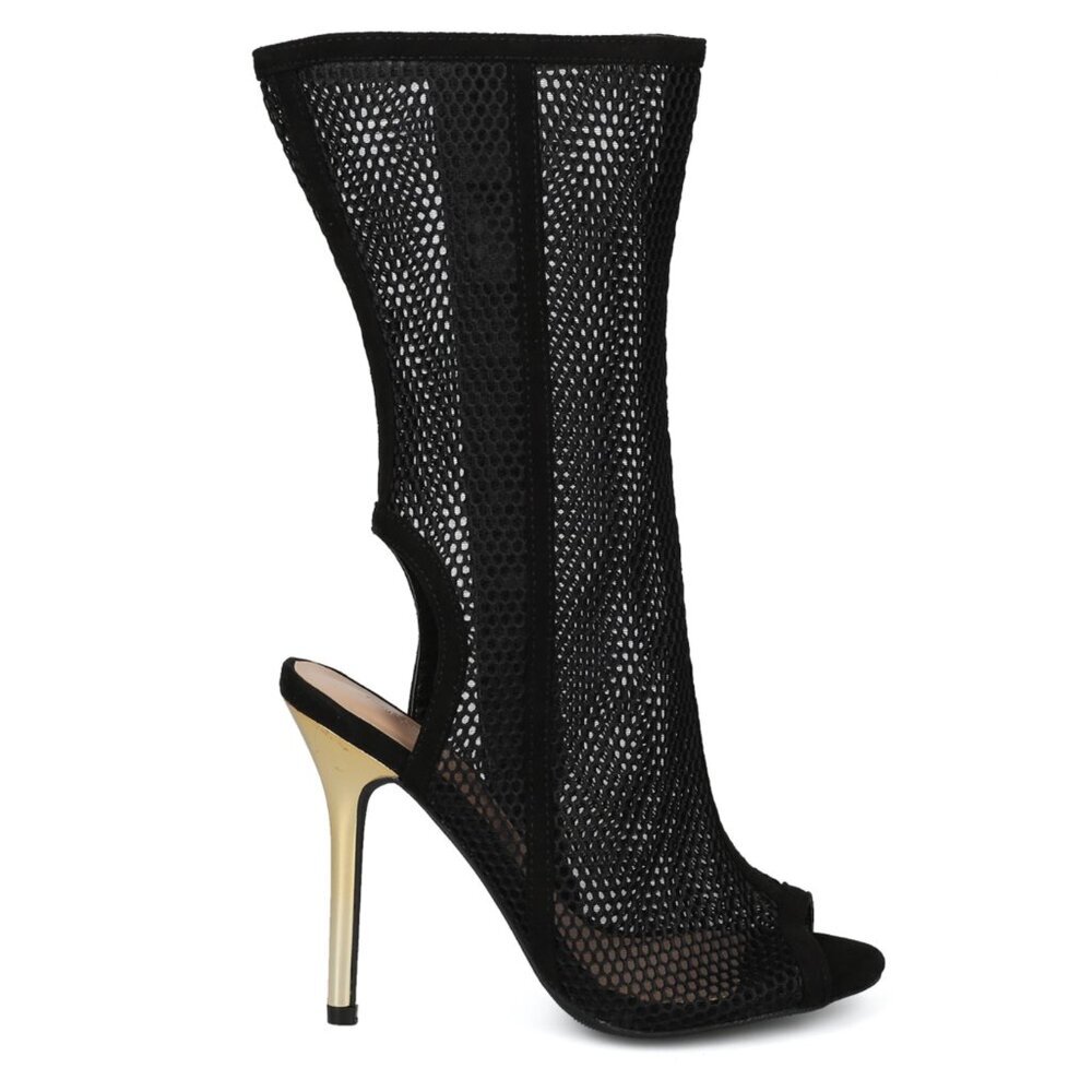 Wild Diva Adele Peep Toe Caged Black Mesh Sandal Gold  Heels SZ 7 - Picture 7 of 10